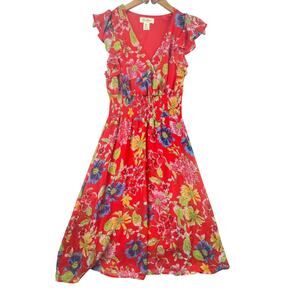Jessica Simpson Red‎ Floral Dress Midi Smocked Waist Flutter Sleeve Size S